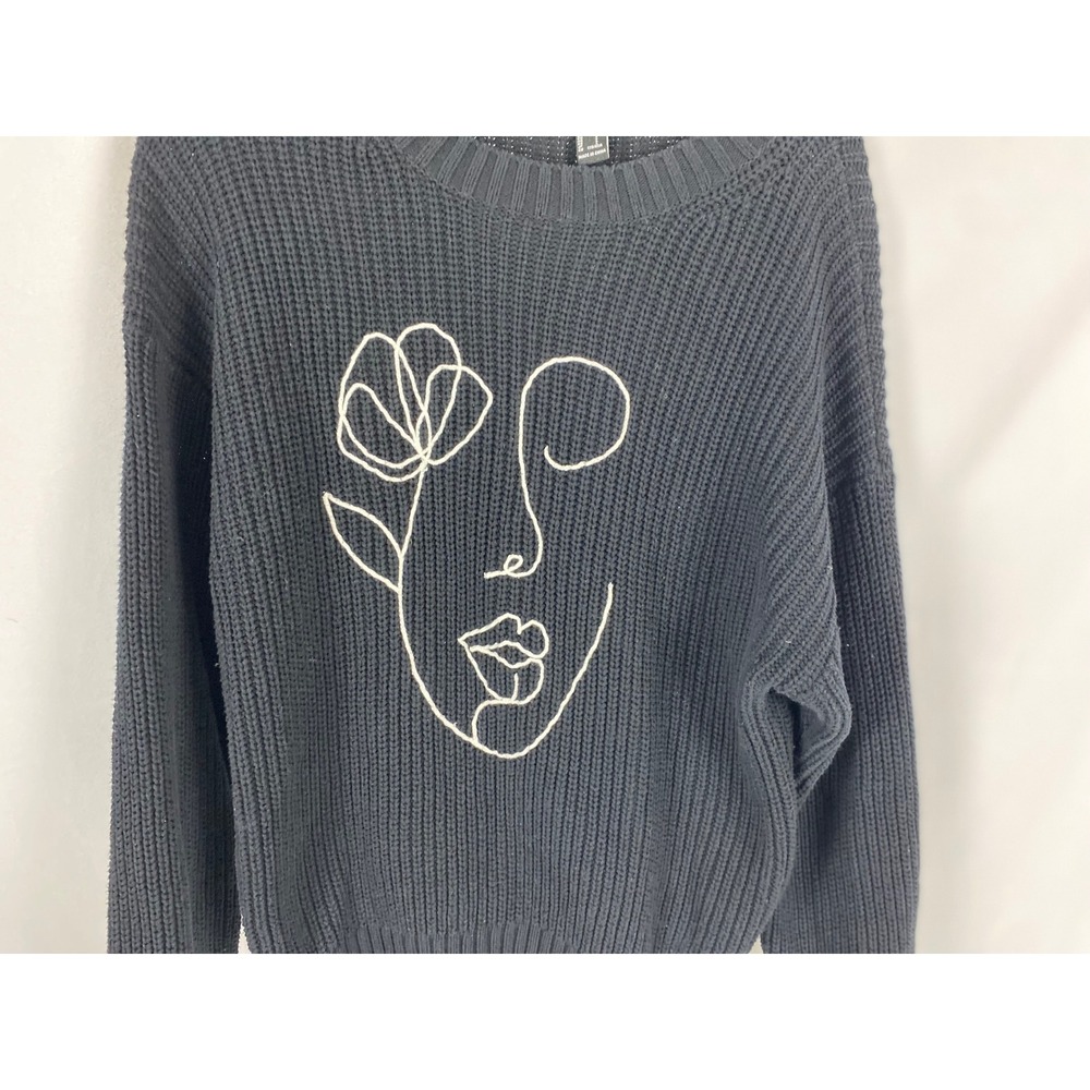 Forever 21 Womens Black‎ Abstract Face Line Art Ribbed Knit Sweater Large - Picture 5 of 11